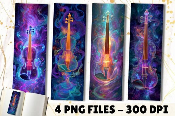 Neon Cosmic Violin Bookmark: A Design Asset for Creatives